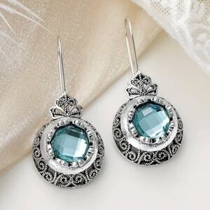 Art Deco Filigree Faux Aquamarine Gemstone Women Drop Southwestern, Earrings